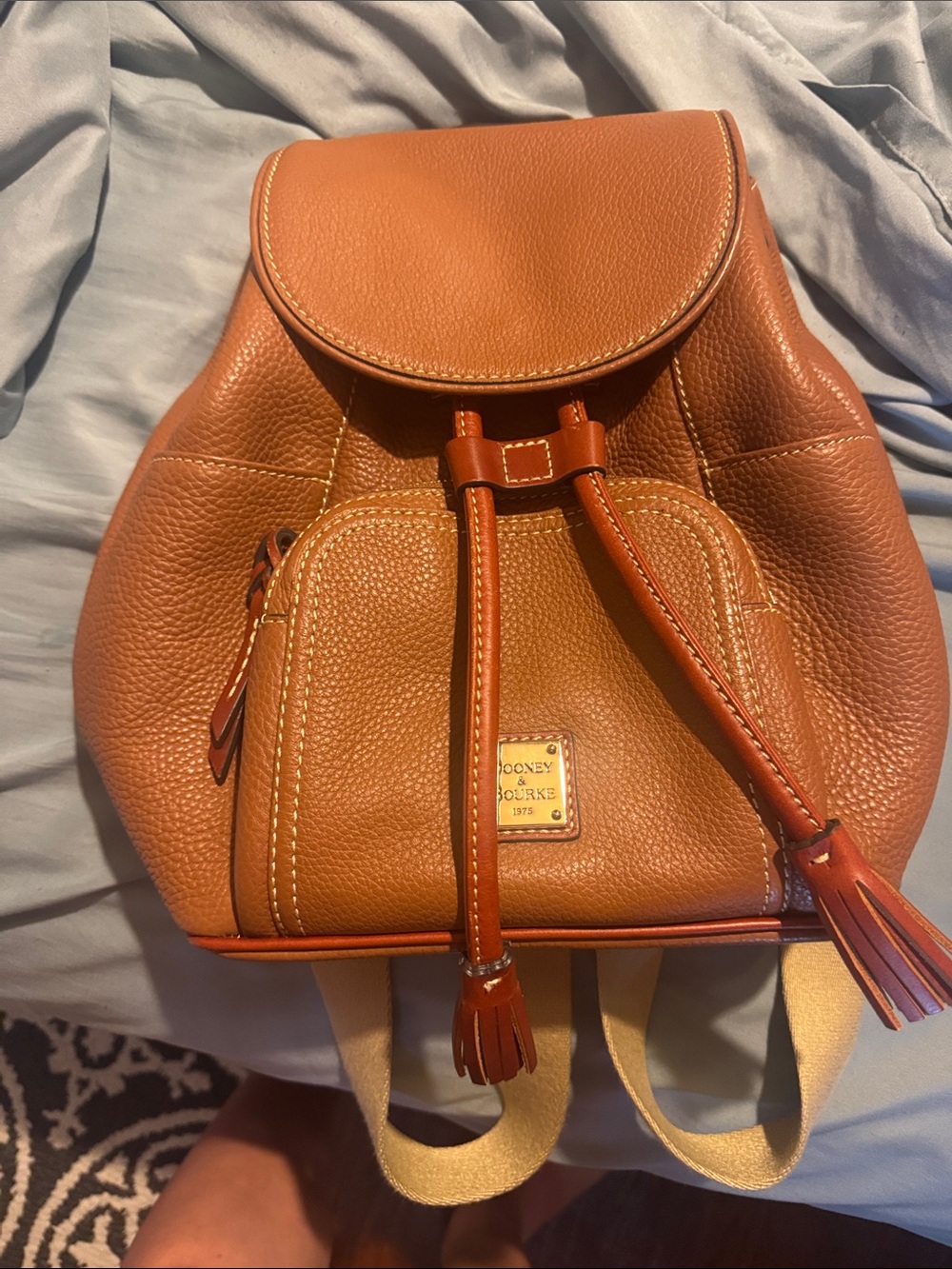 Dooney & Bourke Cognac Brown Pebble Leather Drawstring Backpack